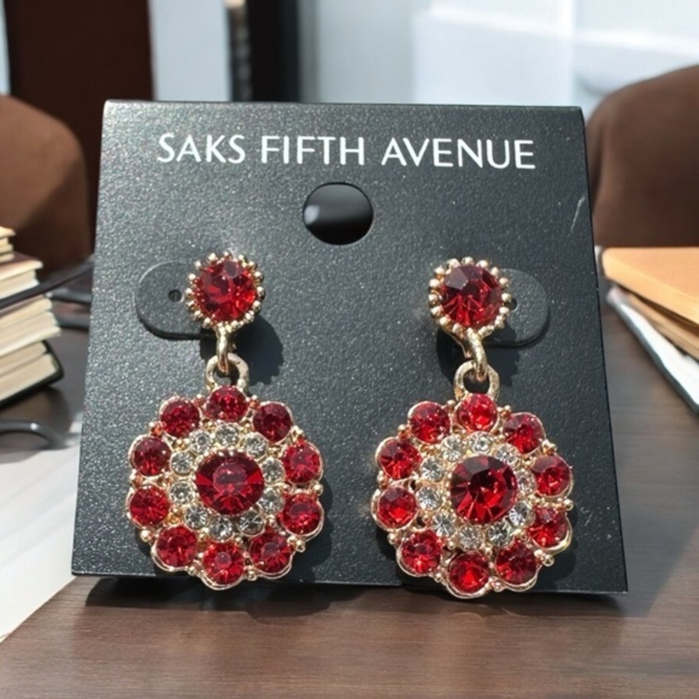 3/$40 Saks Fifth Avenue Red and Gold Flower Drop Dangle Earrings